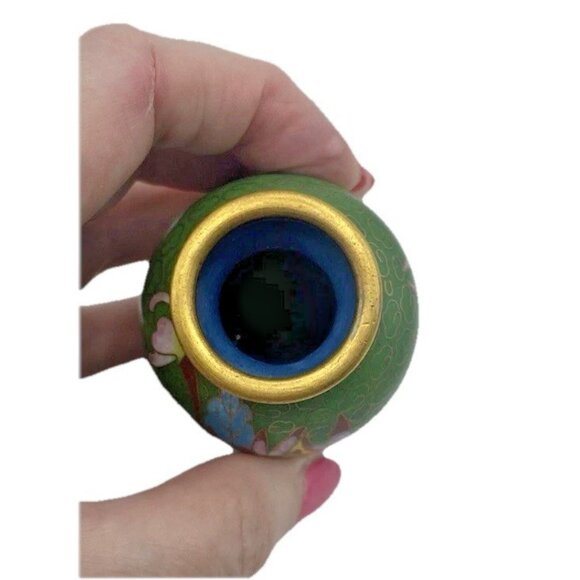 Vintage Cloisonné Bud Vase 3" Green Enamel Brass Floral Design Miniature Retro - Picture 4 of 9